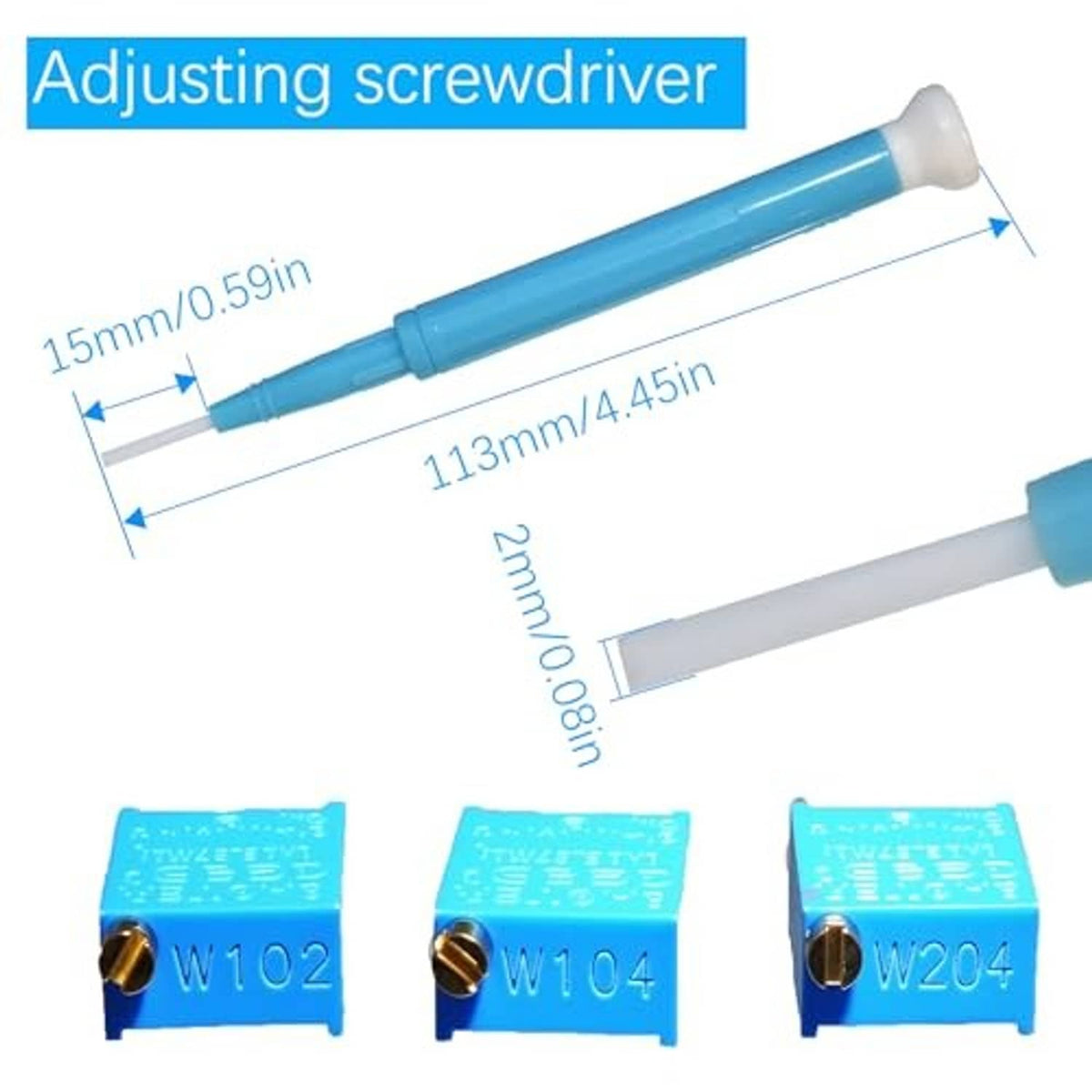 Adjusting screwdriver with three blue trimmer potentiometers labeled W102, W104, W204