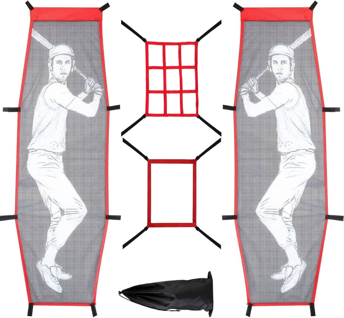 Baseball pitching target training net with red frame, gray batter graphics, and black side poles