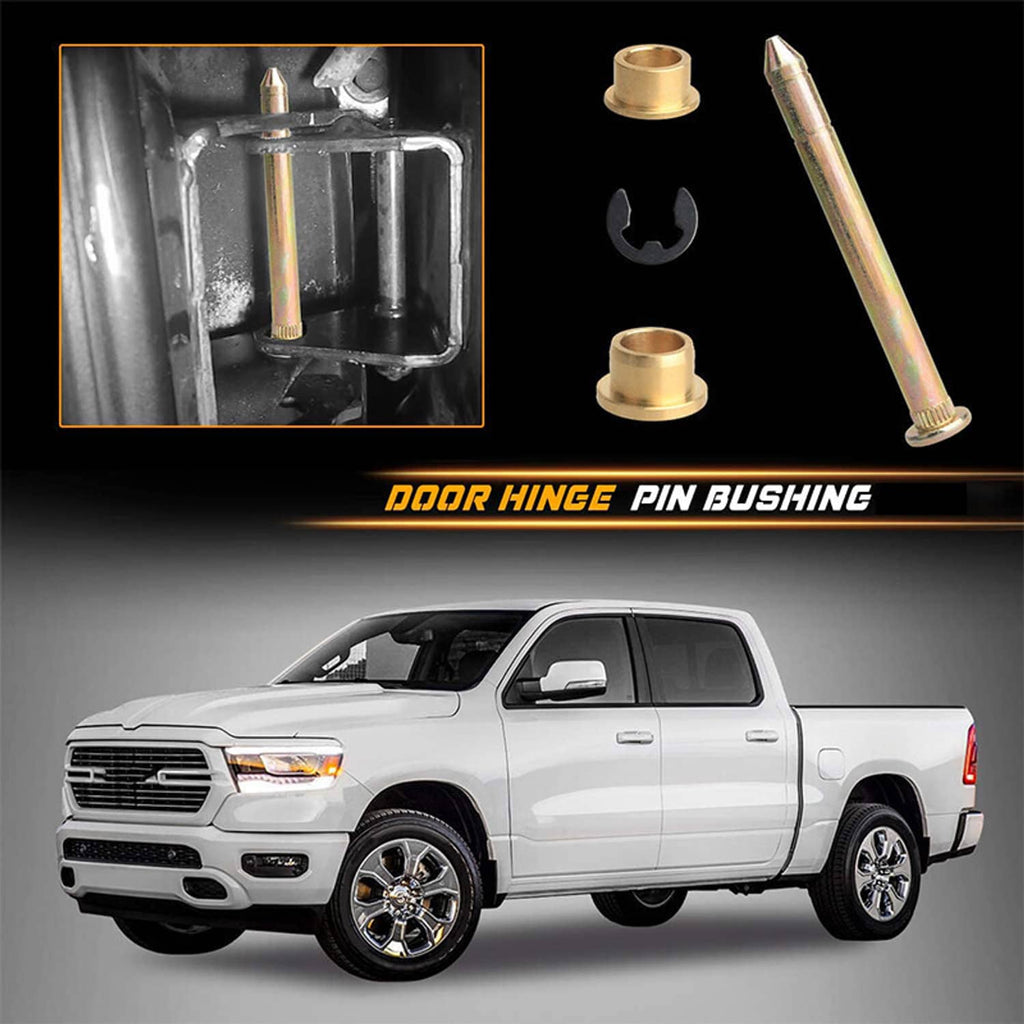 Door hinge pin bushing set with gold pin, brass bushing, and black clip pieces