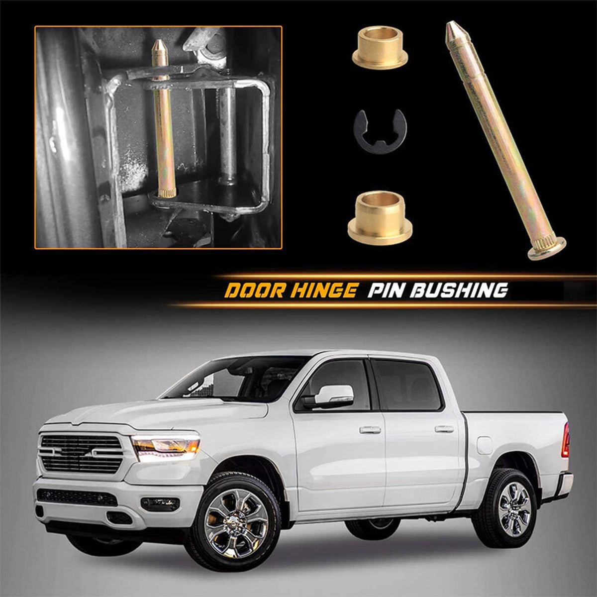 Door hinge pin bushing set with gold pin, brass bushing, and black clip pieces