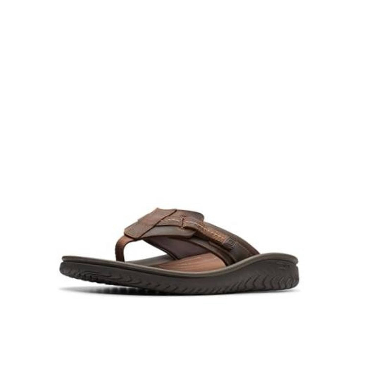 Men's brown beeswax leather slide sandals, side view with textured outsole