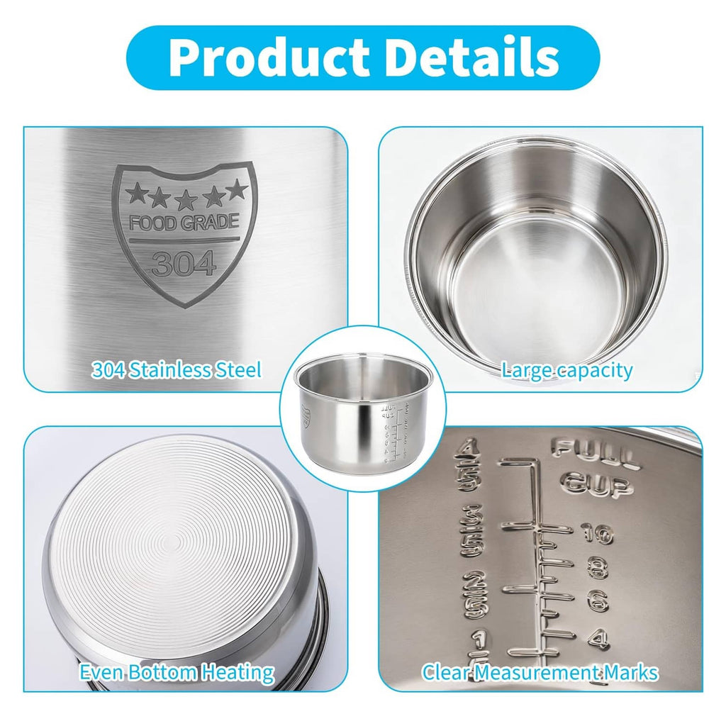 Stainless steel inner pot details: 304 base, interior bowl, measurement markings
