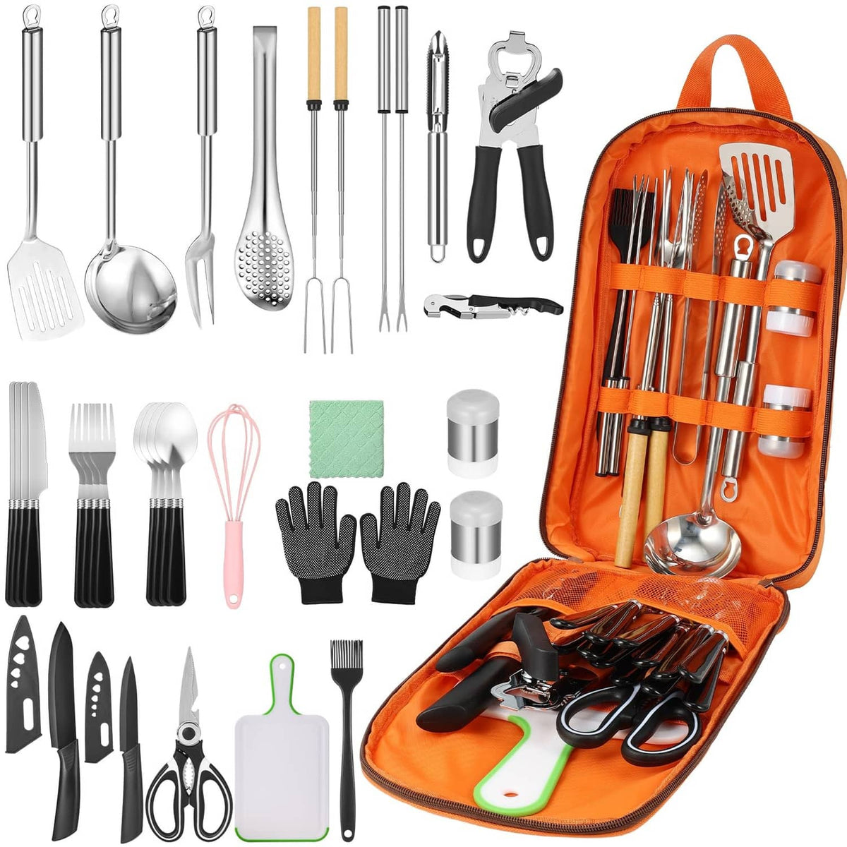 33-piece camping cooking utensil set with metal tools in orange zip pouch
