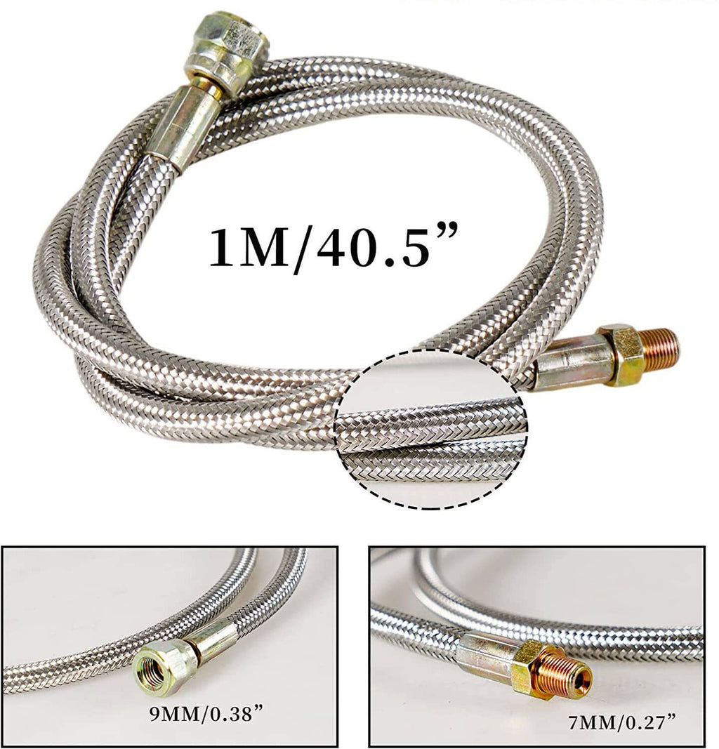 Braided oil feed line with brass fittings and measurement markings on the hose