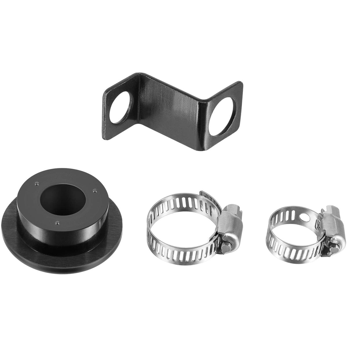 Diverter valve kit parts: metal bracket, black base, and hose clamps