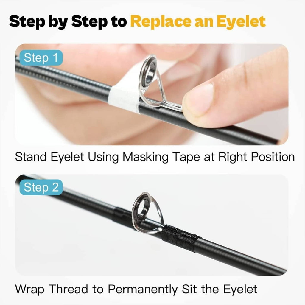 Fishing rod eyelet positioned on blank with tape and thread-wrap tools
