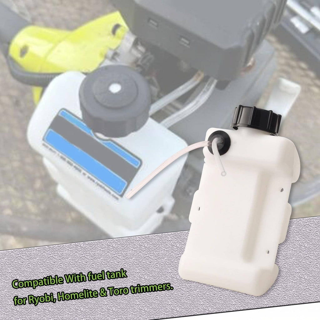 White fuel tank assembly with fuel lines and black cap, near yellow trimmer