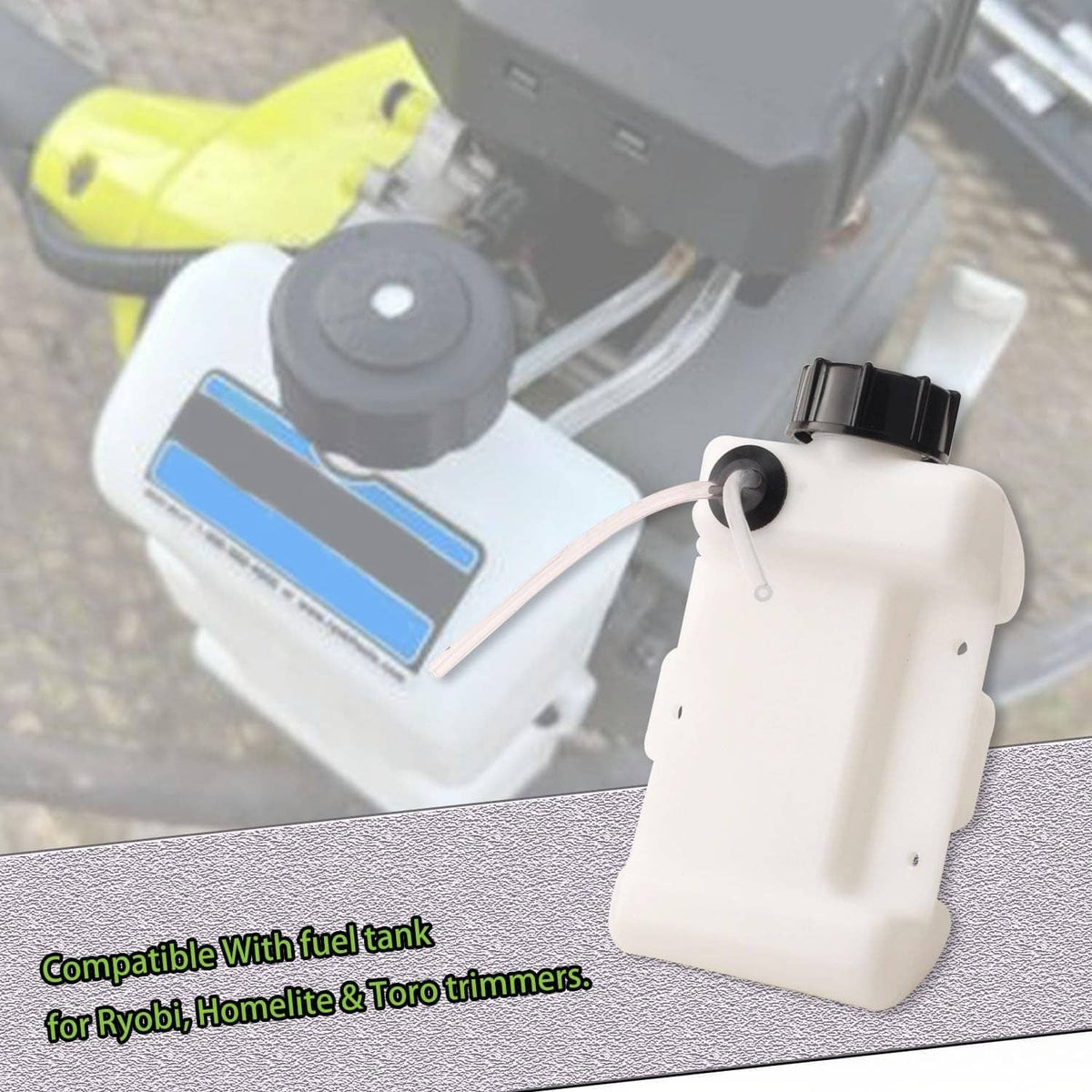 White fuel tank assembly with fuel lines and black cap, near yellow trimmer
