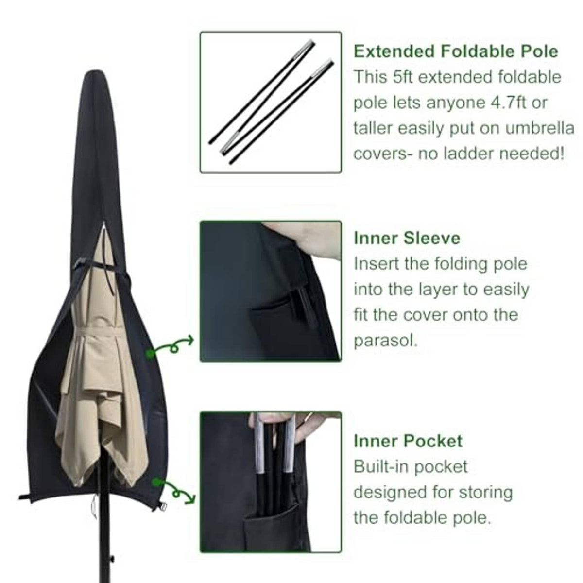 Black umbrella cover with inner sleeve for a foldable support pole