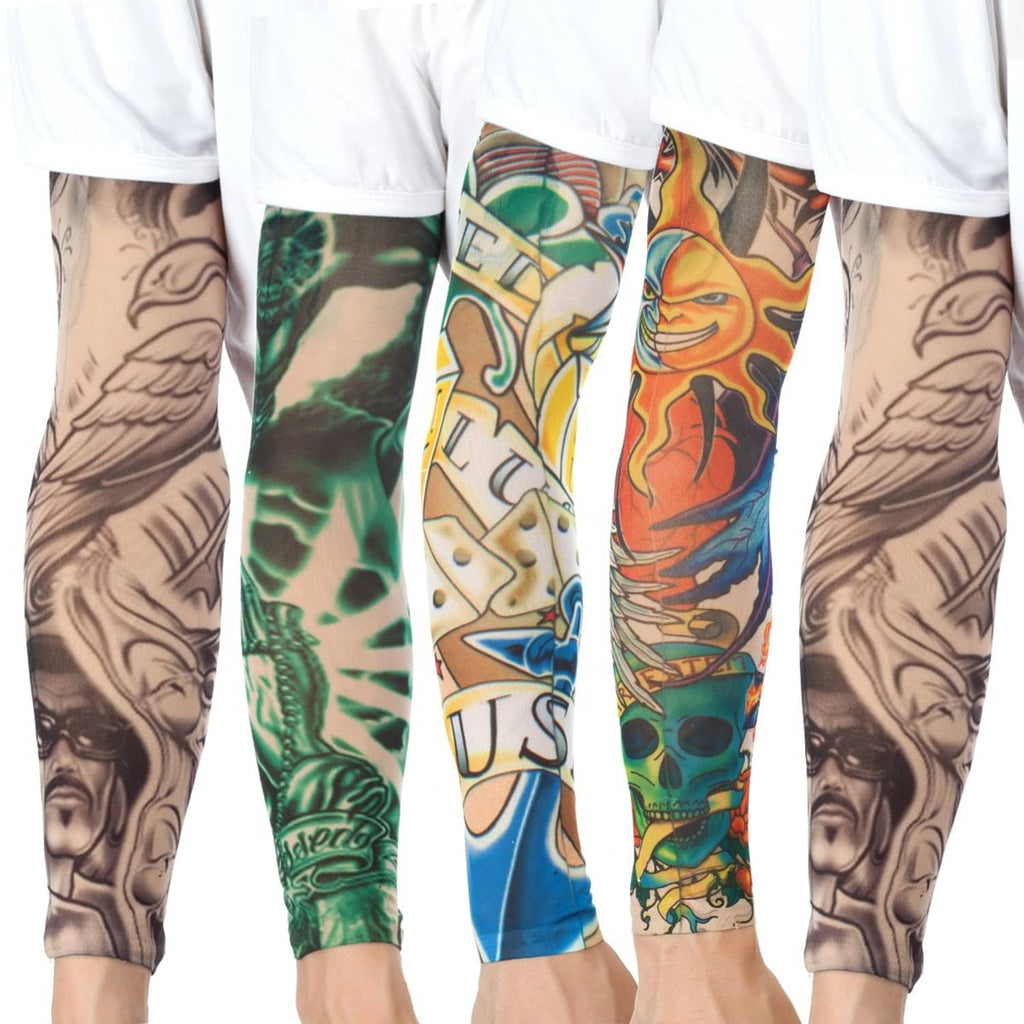 Tattoo arm sleeves with colorful illustrated designs and black outlines, long fit