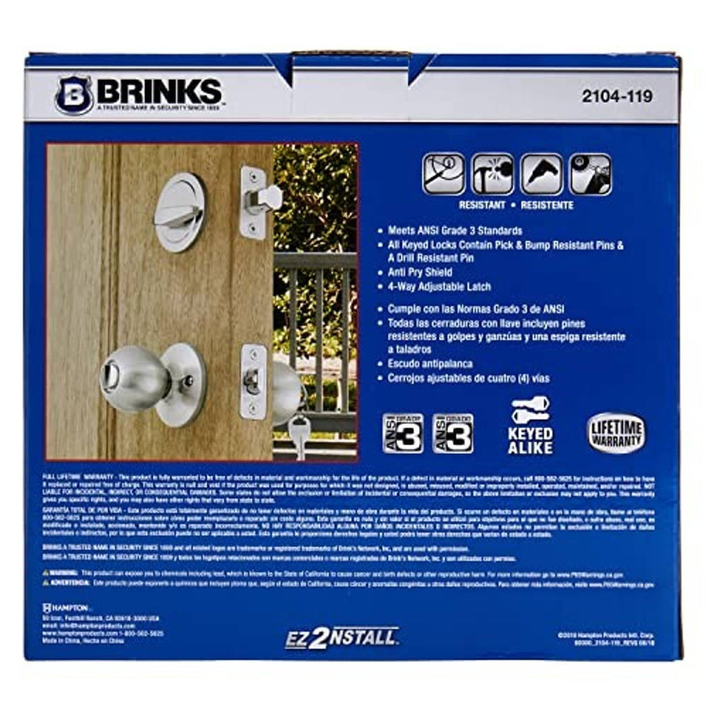 BRINKS keyed entry & deadbolt set package back with security and install details