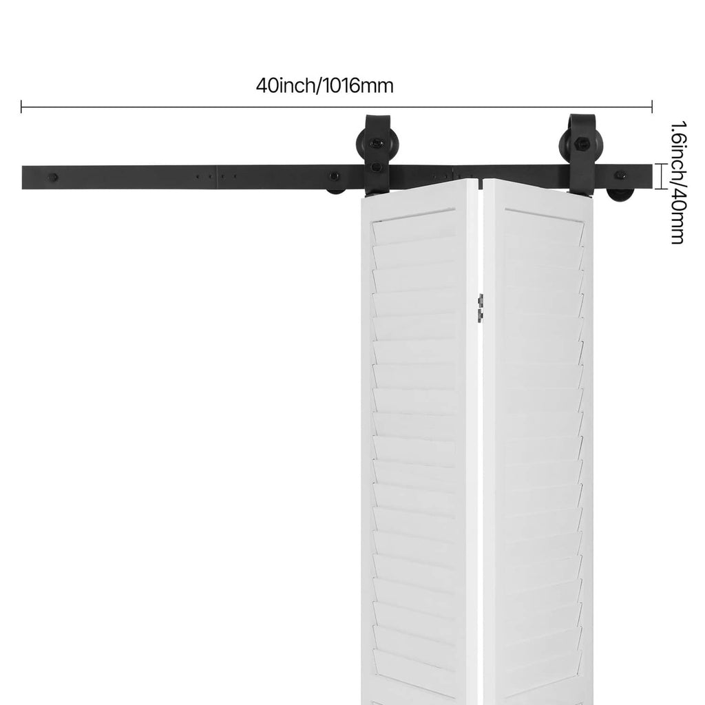 40 in bi-fold door track rail with two black roller hangers above white folding doors