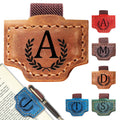 Brown leather magnetic bookmark with stitched letter A laurel patch and pen holder strap