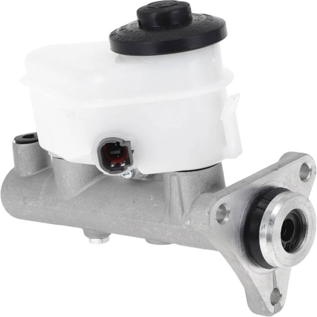 Brake master cylinder showing white reservoir cap, gray body, and outlet mounting flange.