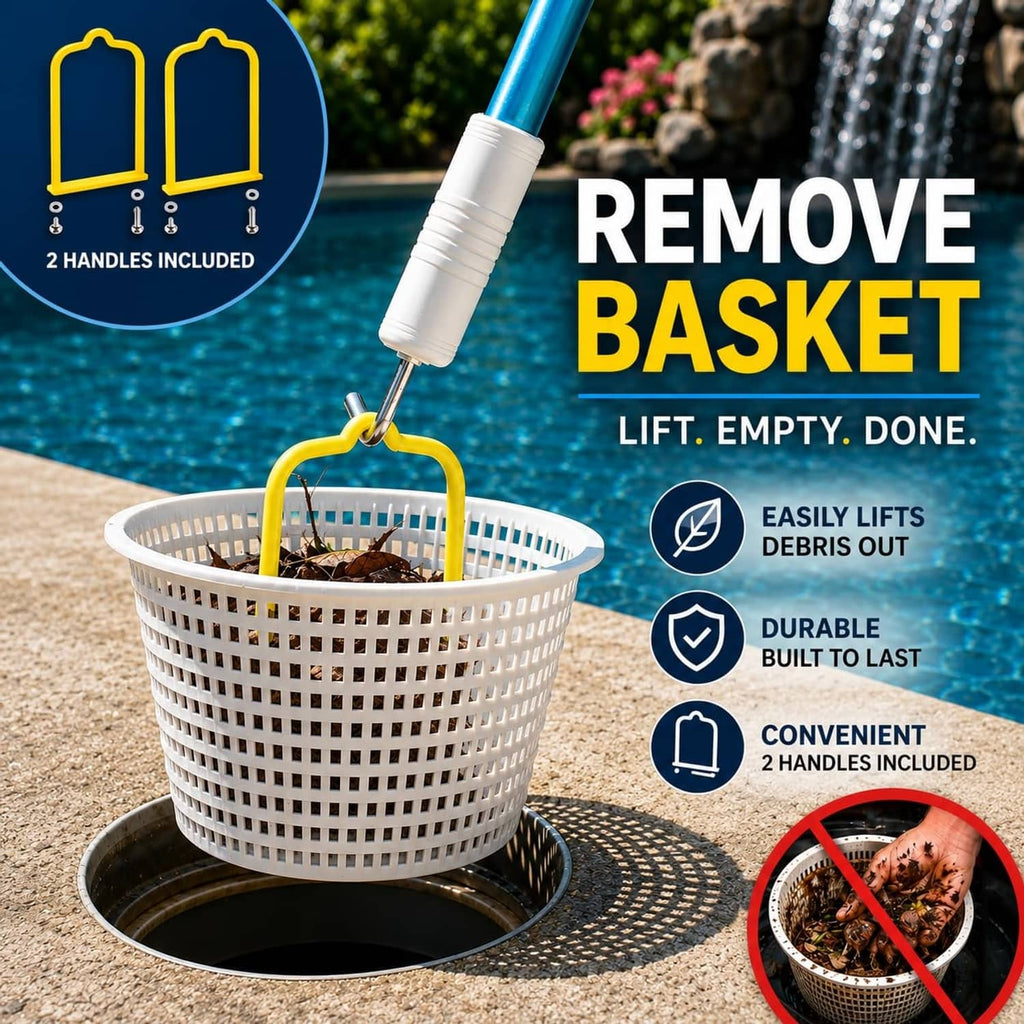 Pool skimmer basket with yellow lift handles and blue handle, ready to empty.