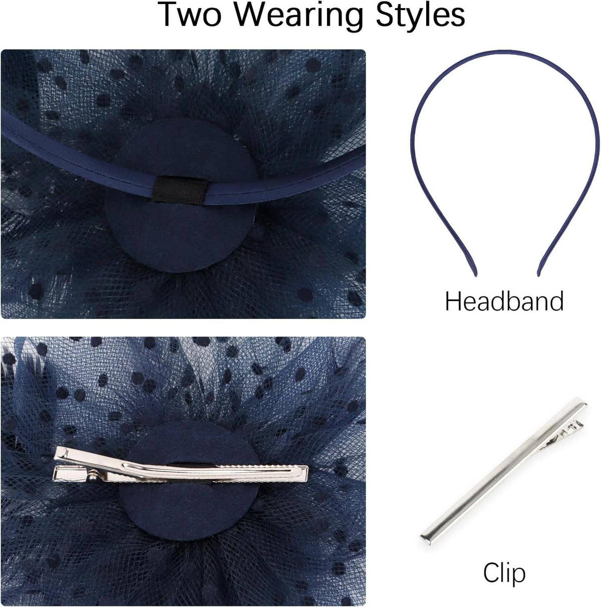 Navy polka-dot tulle fascinator with round flower and metal hair clip