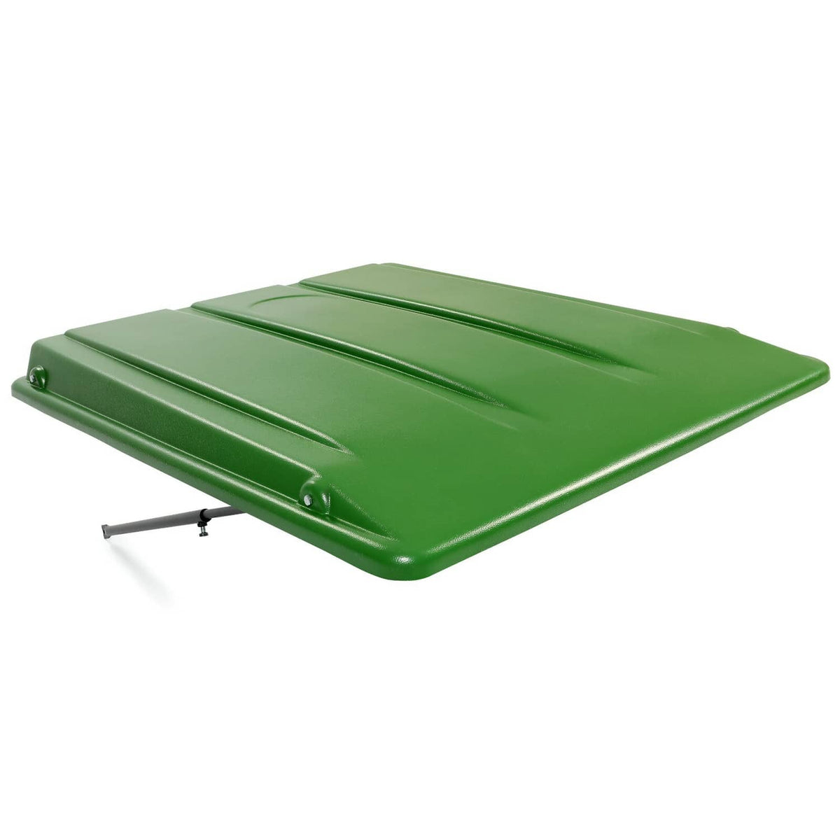 Green tractor sun shade canopy with black support legs, side view