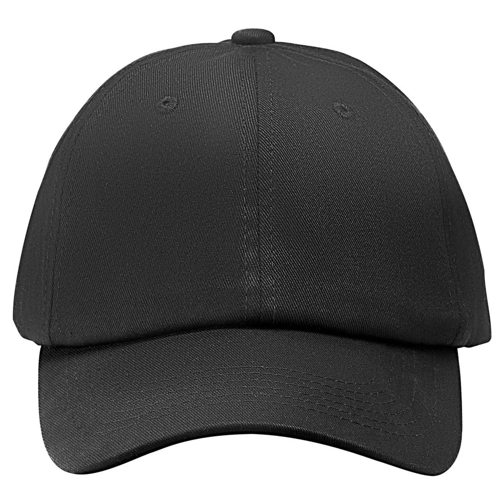 Black baseball cap with curved brim and back panel stitching