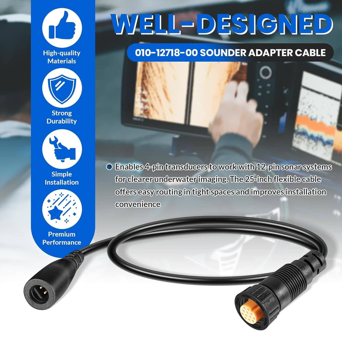 Black sounder adapter cable, flexible cable with 4-pin and 12-pin plugs
