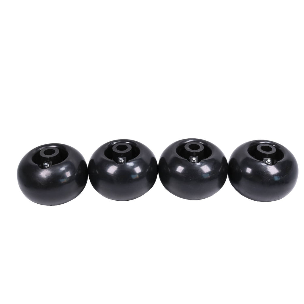 Set of 4 black deck wheels in a line, each with center mounting hub