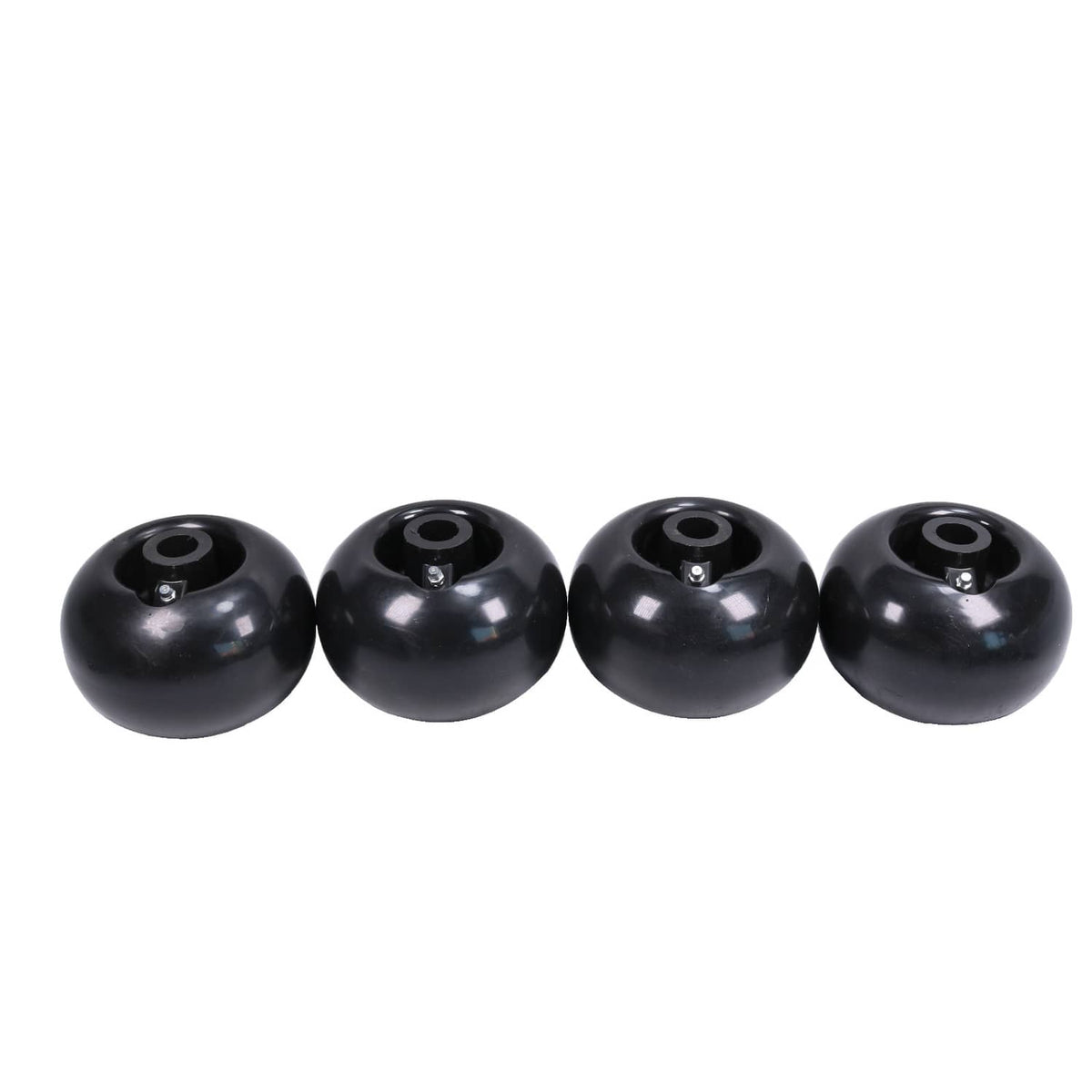 Set of 4 black deck wheels in a line, each with center mounting hub