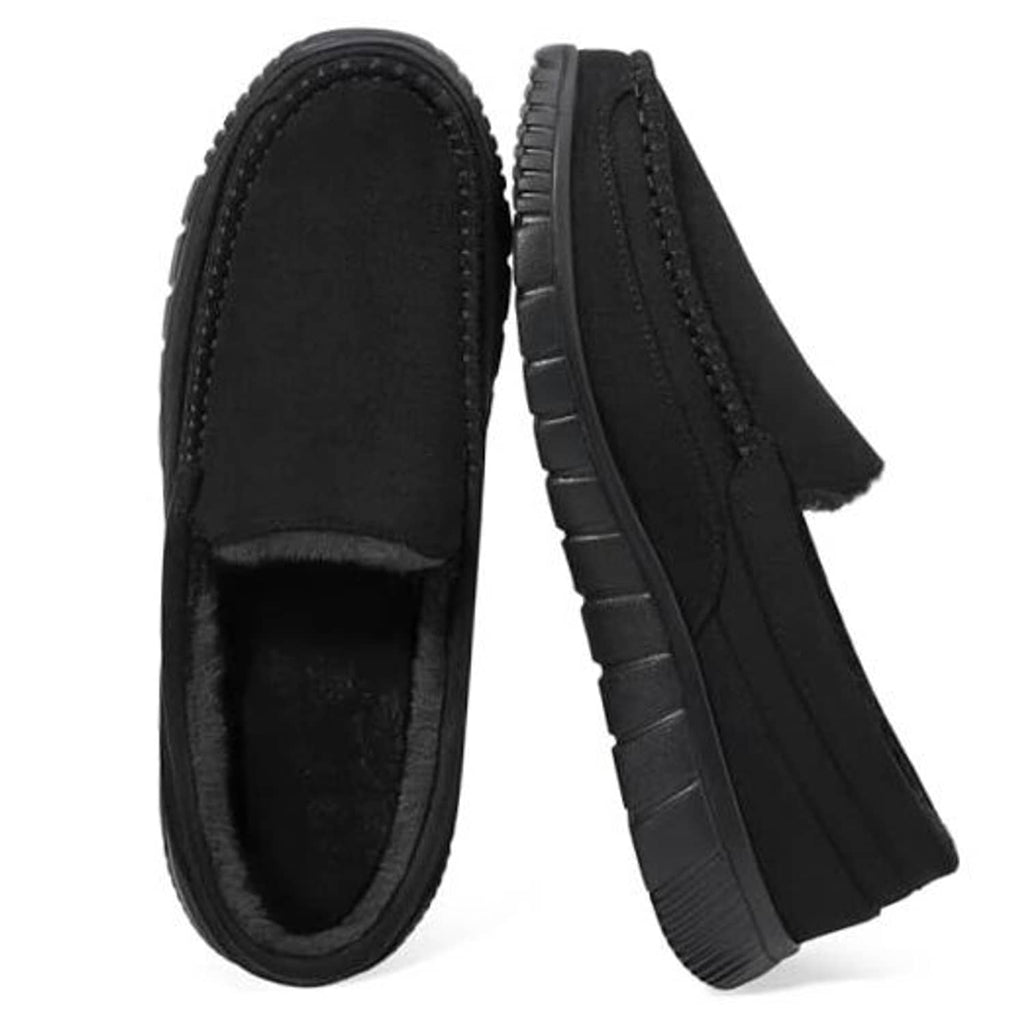 Men's black faux-fur slippers, side-by-side view with slip-on opening