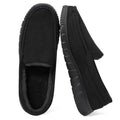 Men's black faux-fur slippers, side-by-side view with slip-on opening