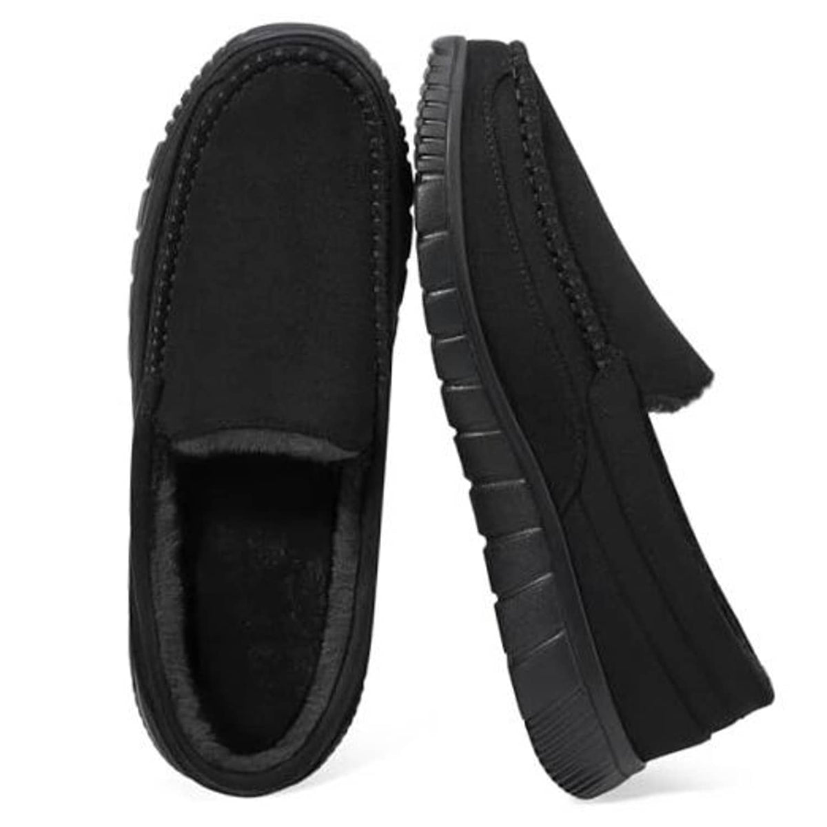 Men's black faux-fur slippers, side-by-side view with slip-on opening