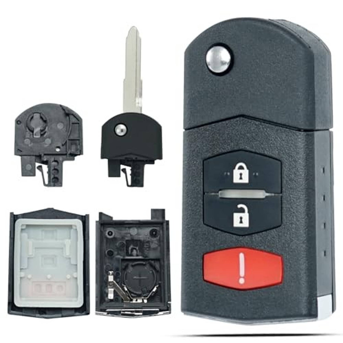 Dark gray key fob shell replacement with metal key blade and lock, unlock, and red alarm buttons