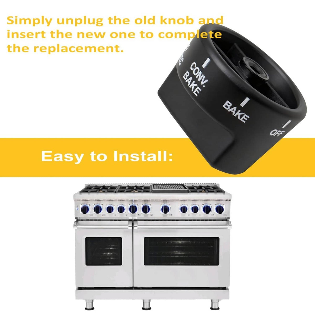 Black oven select control knob with Bake and OFF labels