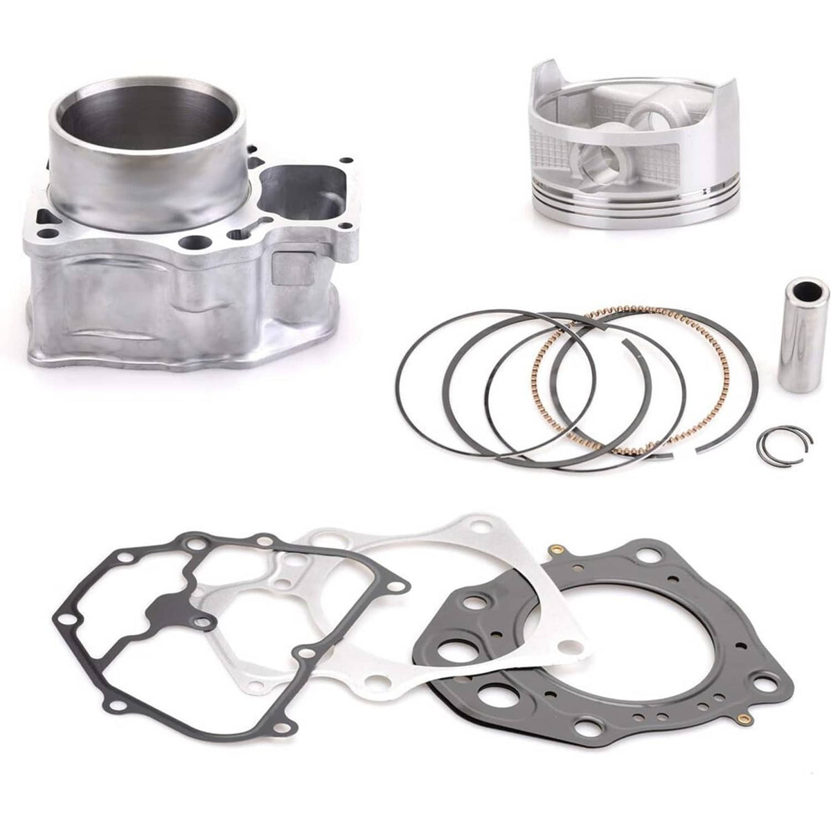 Cylinder piston gasket top end rebuild kit components: cylinder block, piston, gaskets, rings