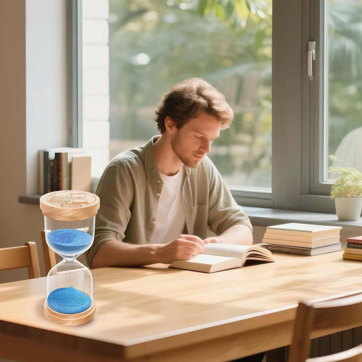 Wooden hourglass sand timer with blue sand, 2-minute hourglass shape.
