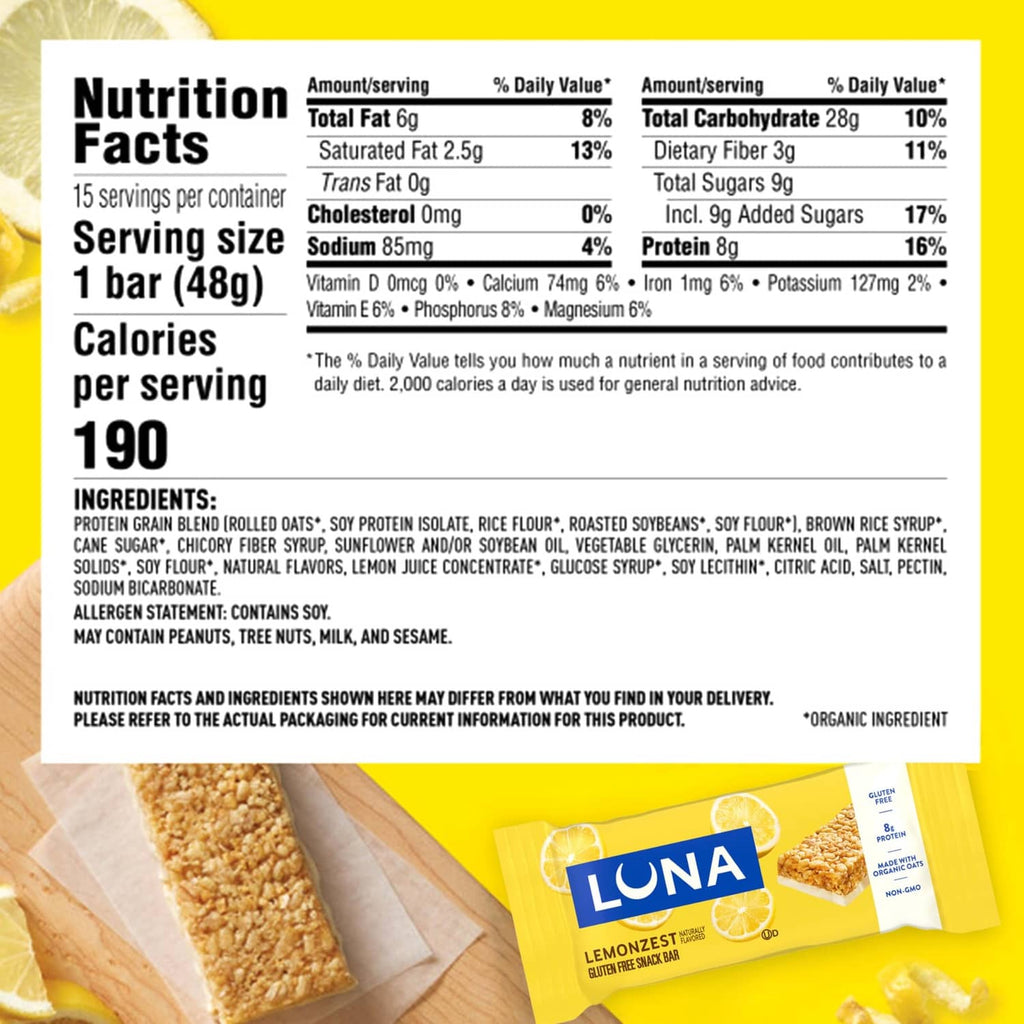 LUNA LemonZest snack bar wrapper nutrition facts and ingredients panel, 1 bar (48 g)