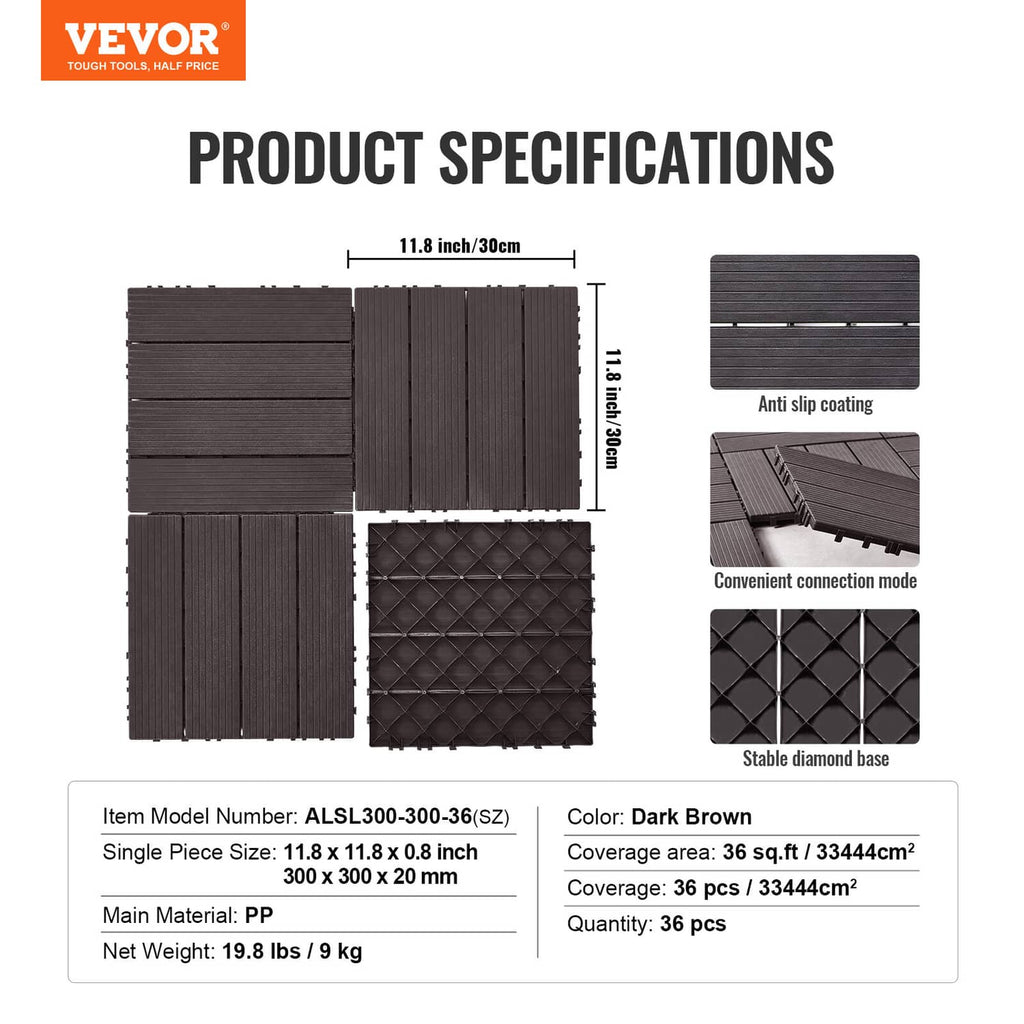 Interlocking deck tile sample board in dark brown with anti-slip coating and connection details