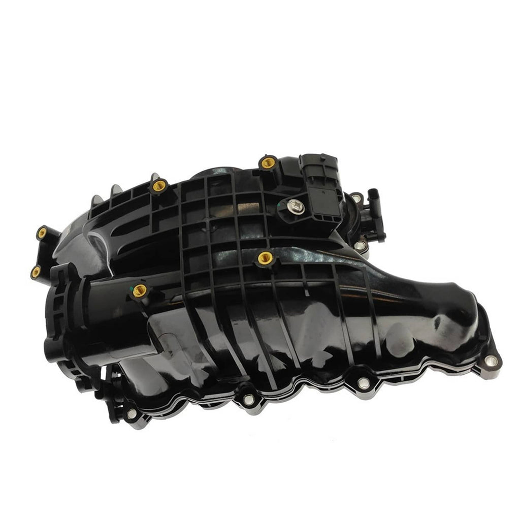 Black intake manifold with control actuator housing, side profile with molded ribs