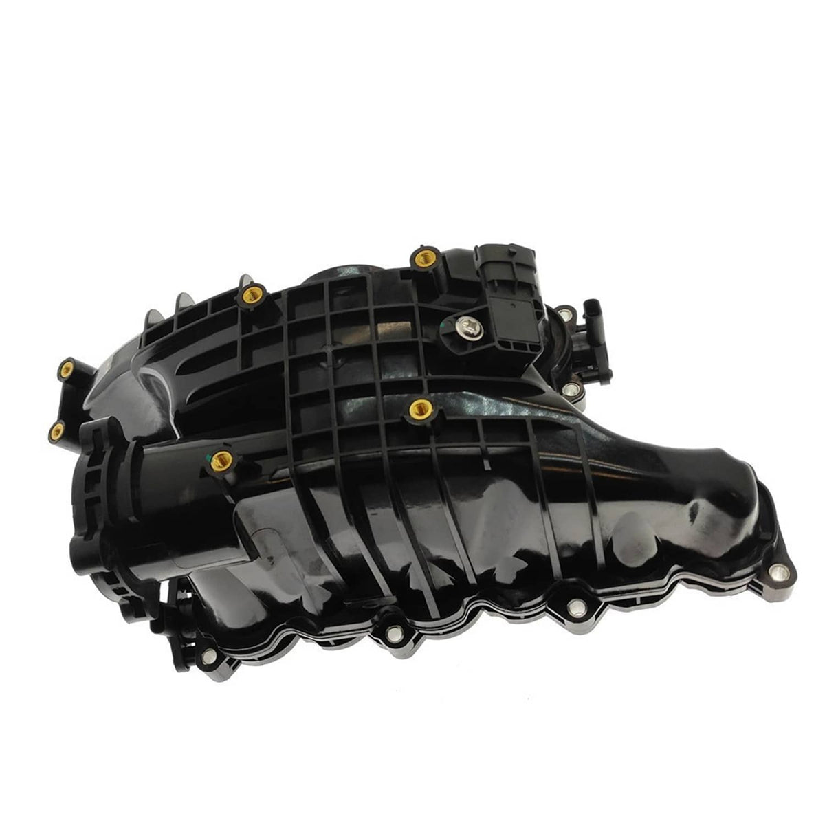 Black intake manifold with control actuator housing, side profile with molded ribs