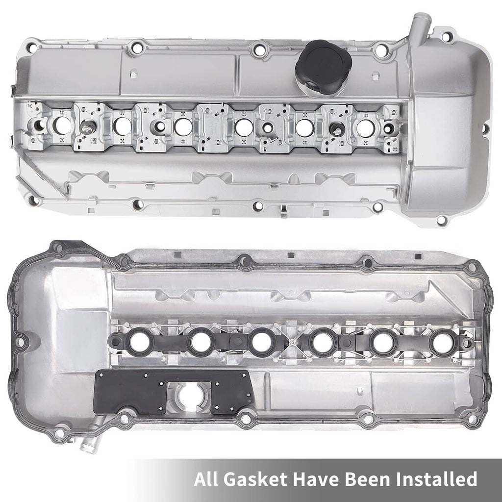 Valve cover kit with silver engine cover, installed gaskets, and black oil cap