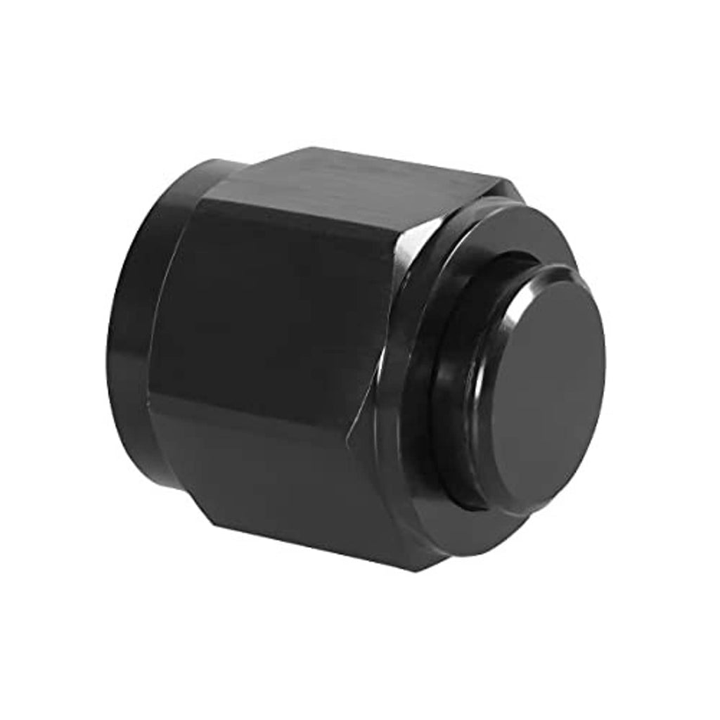 Black 10AN block-off cap plug viewed from the side, hex body with end cap