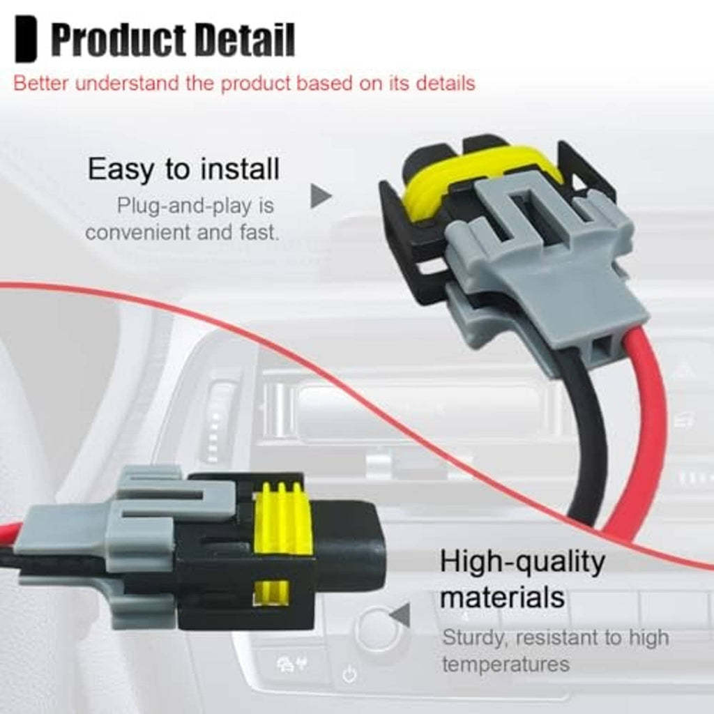 Fog light wire connector close-up with gray housing, yellow locking band, and red cable