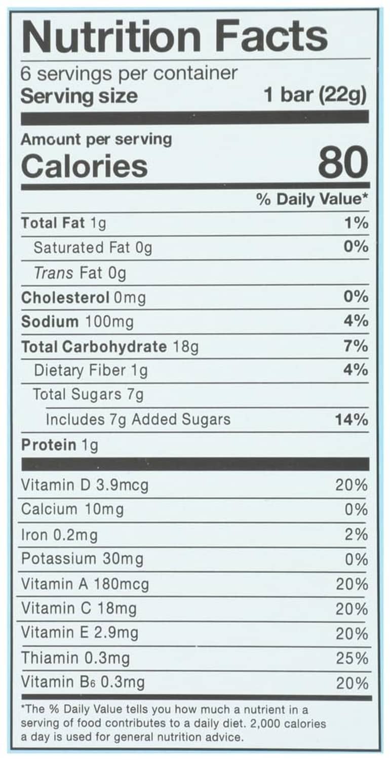 Nutrition facts close-up with serving size 1 bar (22g) and calories 80