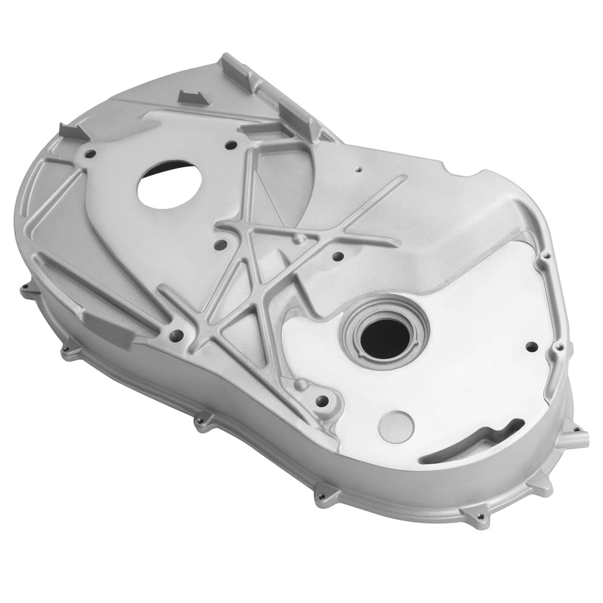 Light gray aluminum inner clutch cover with round recess and mounting point tabs