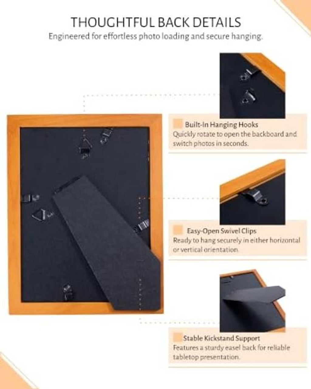 Brown wooden picture frame back with hanging hooks and secure snap clips