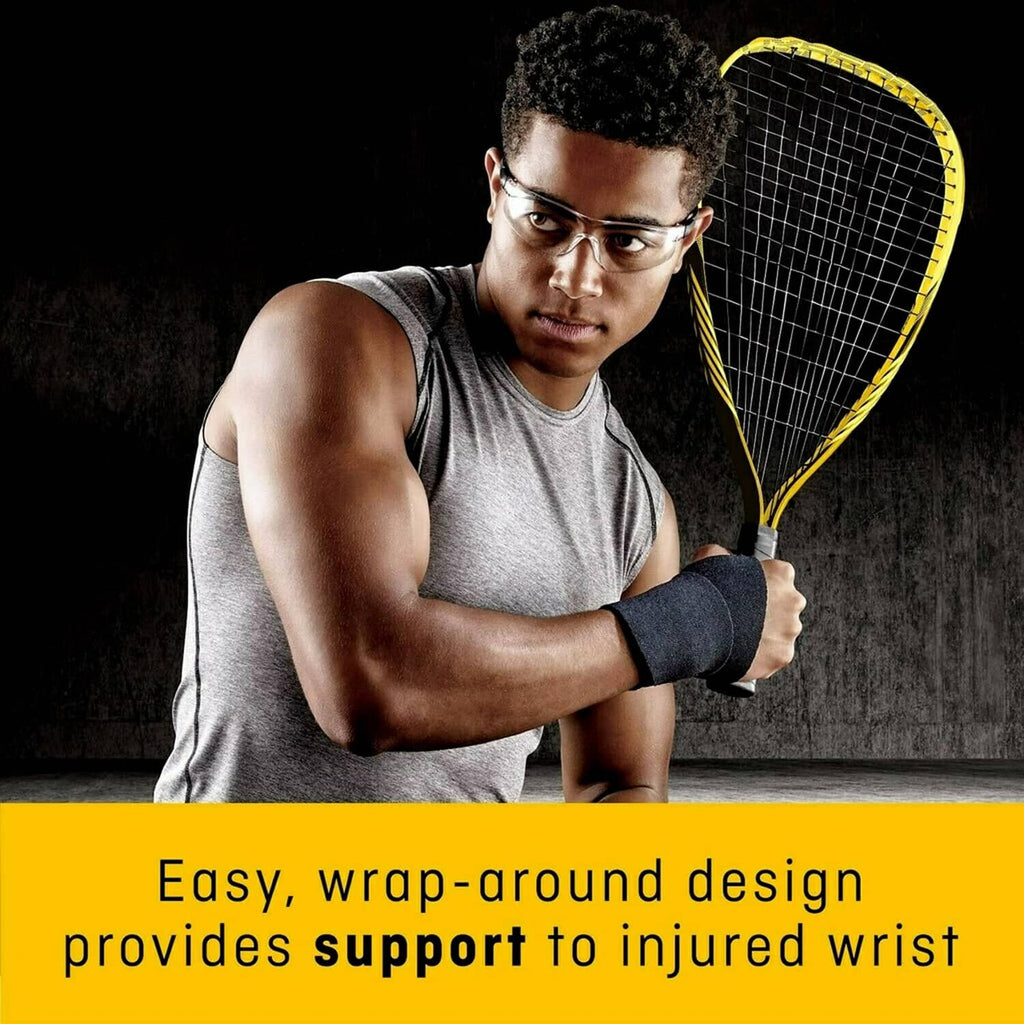Dark adjustable wrap-around wrist support worn on an arm