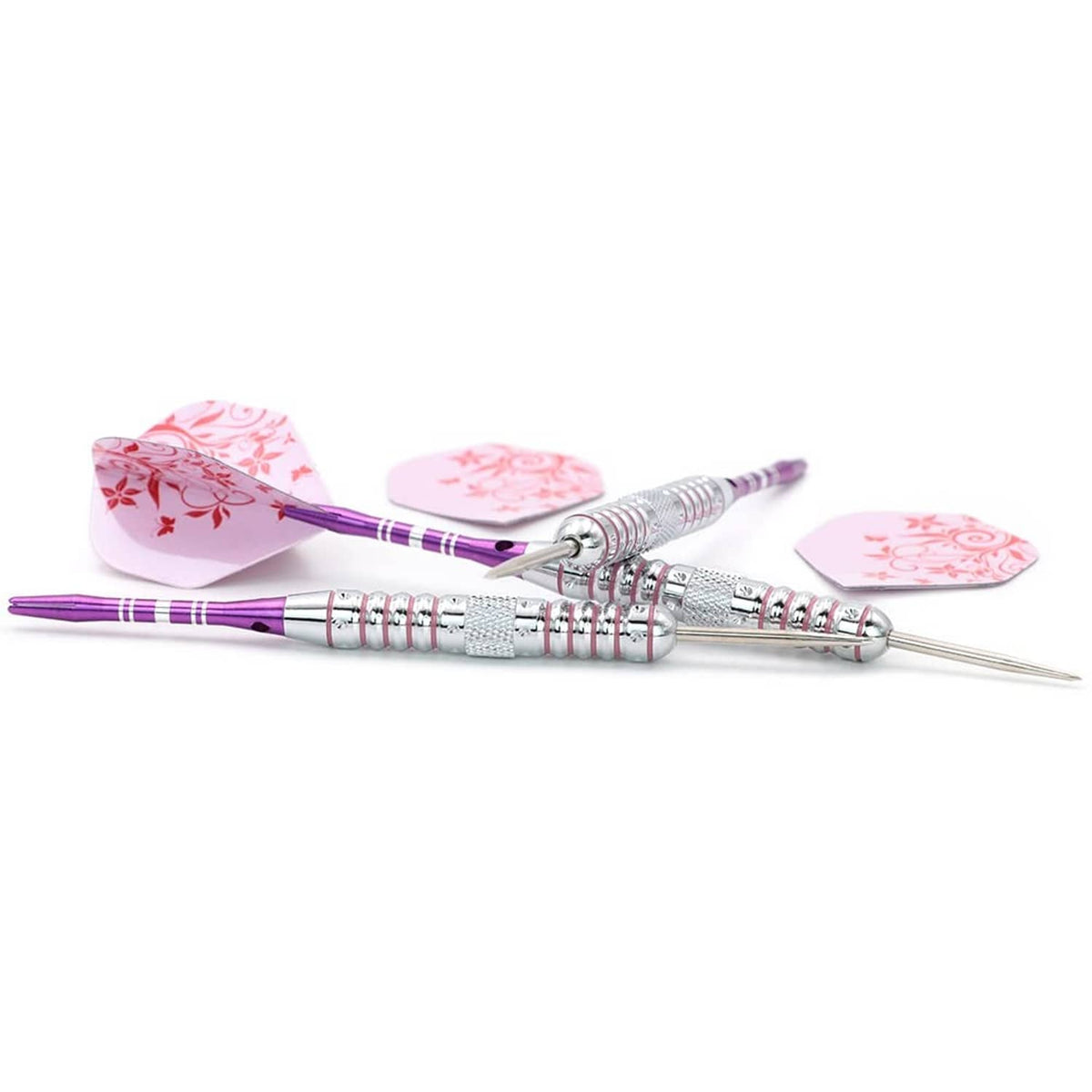 Steel tip dart set with three pink floral flights, purple shafts, and silver barrels