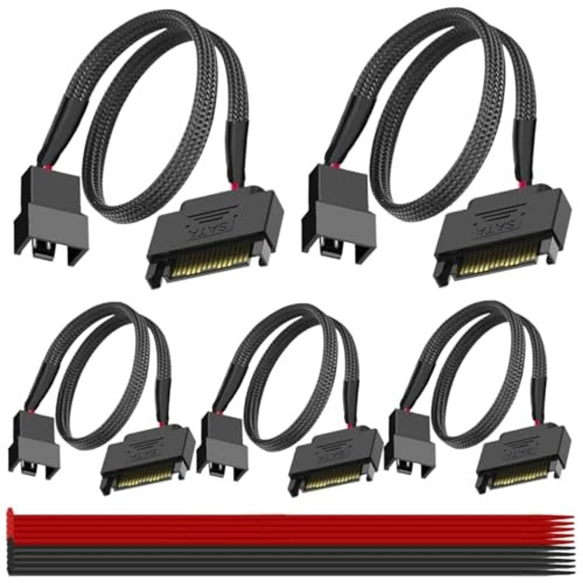 Black 15-pin SATA to PC fan adapter cable bundle with 15-pin connectors and braided leads