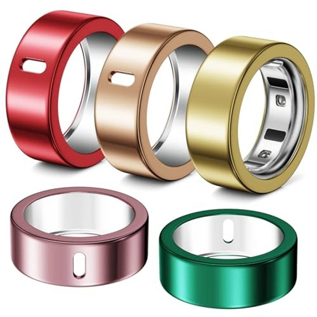 Four anti-scratch ring covers in red, gold, green, and rose-gold with cutout slot
