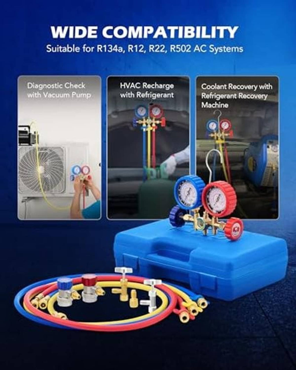 AC manifold gauge set with blue case, colored hoses, and mounted blue and red gauges