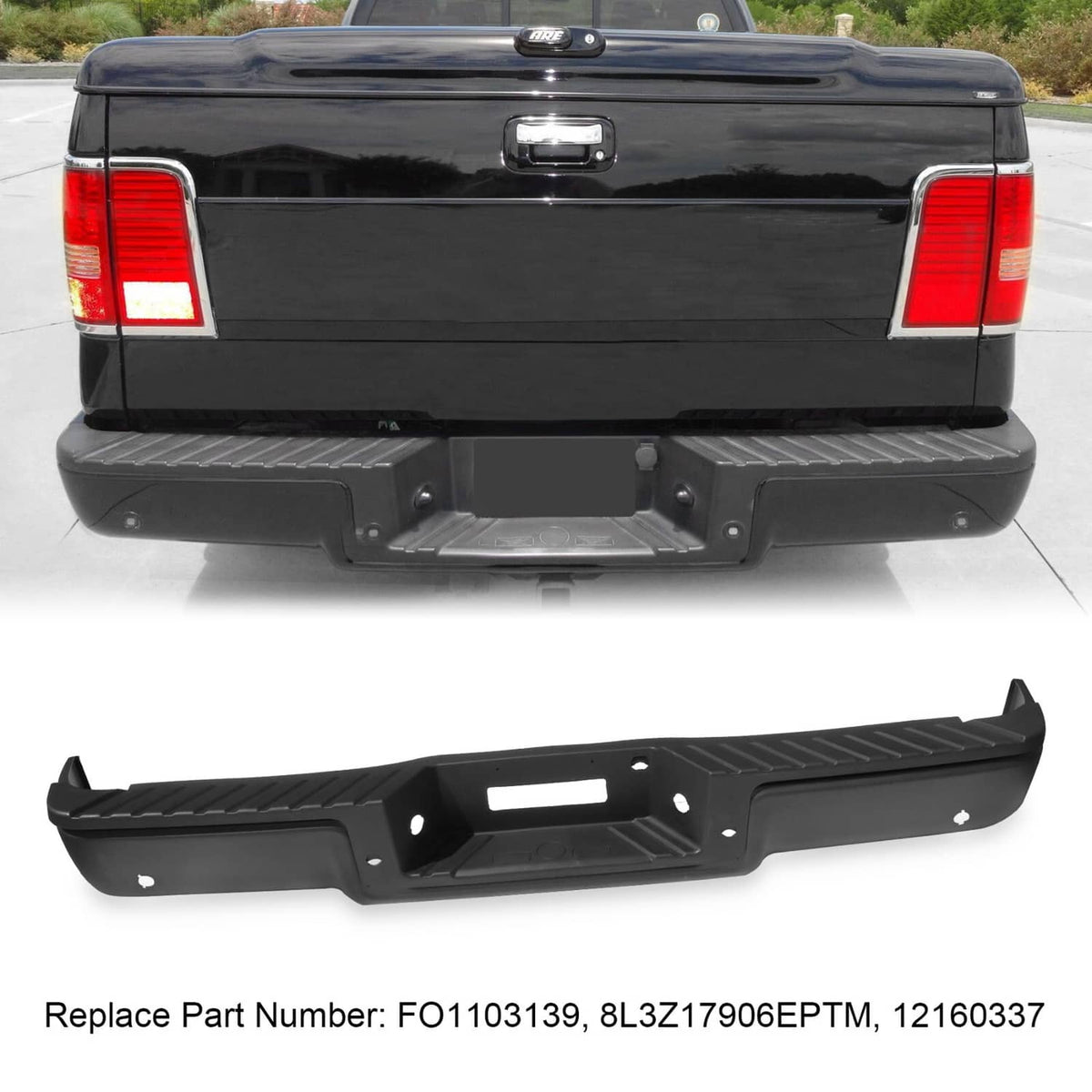 Black rear step bumper with textured pad and integrated mounting points