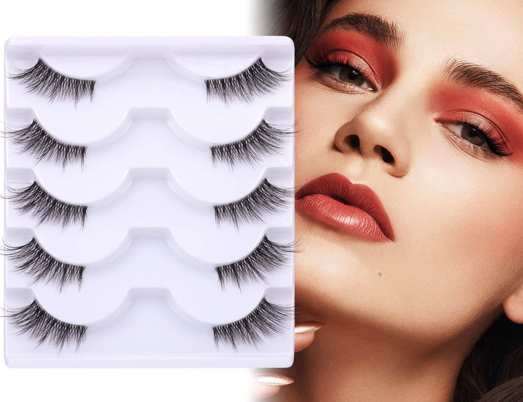 Wispy 3/4 false eyelashes set with clear band, shown in tray and on model