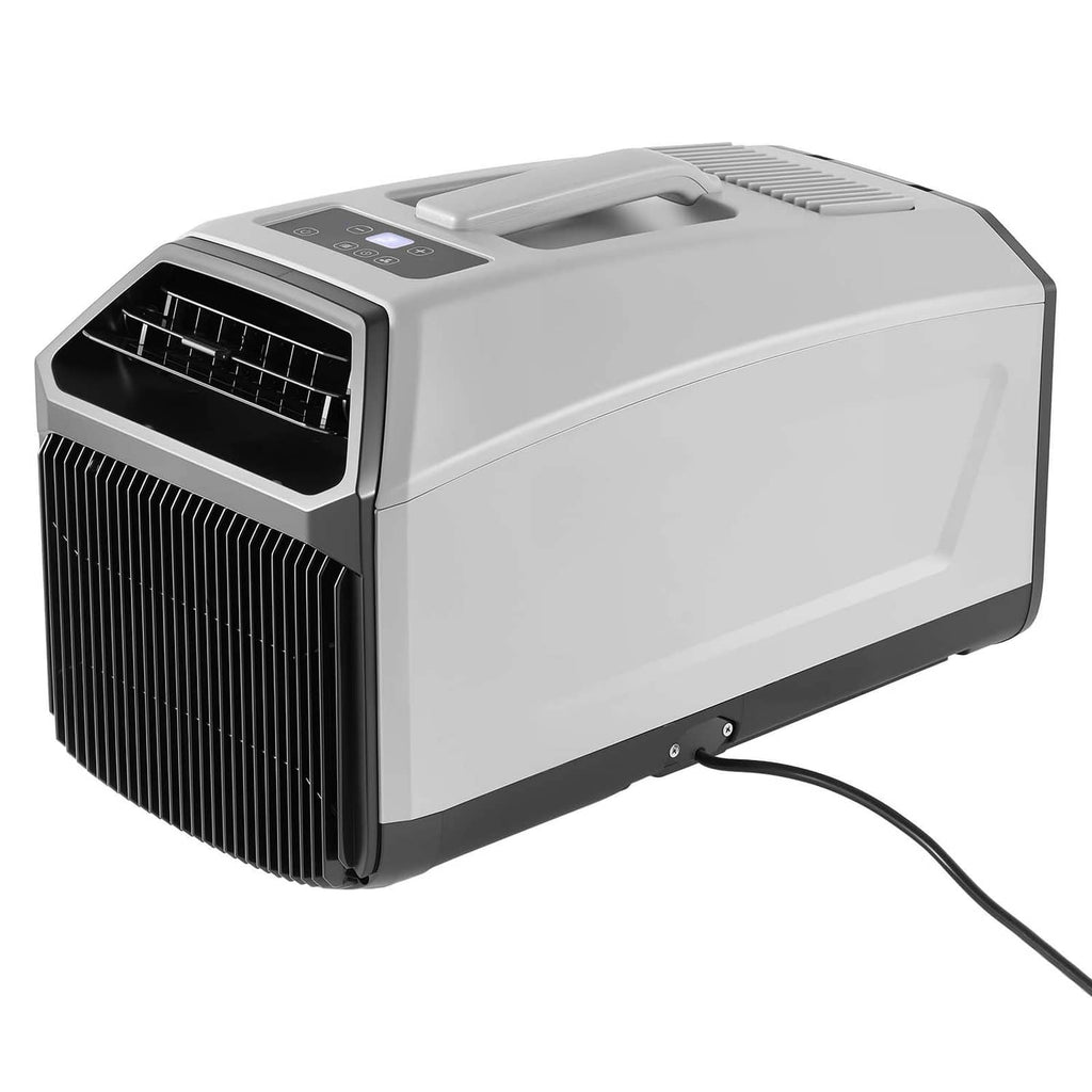 Portable camping air conditioner unit with exhaust outlet and black hose, light gray.